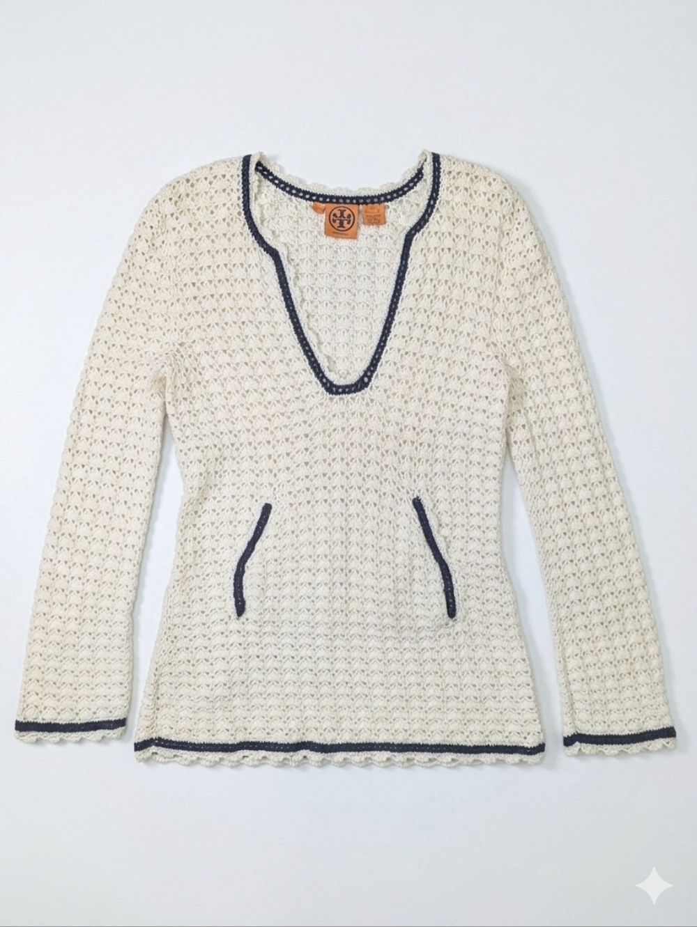 Tory Burch white crochet top with navy trim Size L